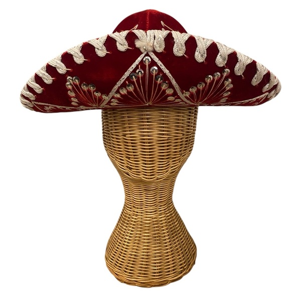 Belri Hats Authentic Sombrero Mariachi Mexican Hand Made Red Velvet Gold Trim - Picture 1 of 10